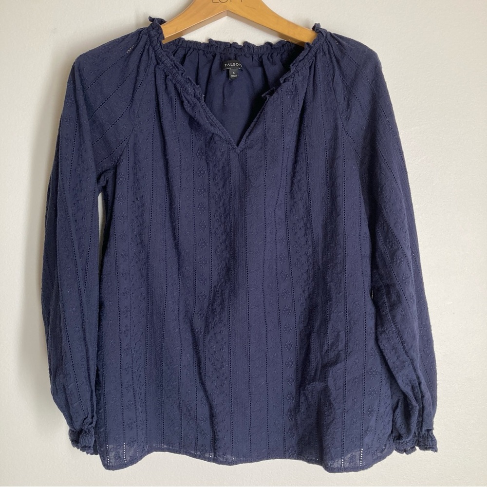 Talbots Navy Blouse with Ruffled Neckline Size Small